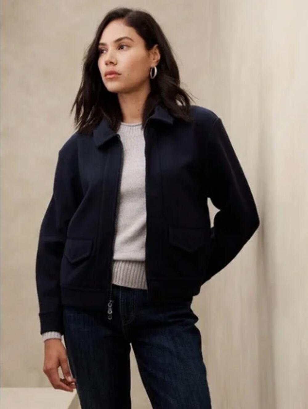 Banana Republic Melton Volume Sleeve Jacket Full zip Navy Blue S Academia